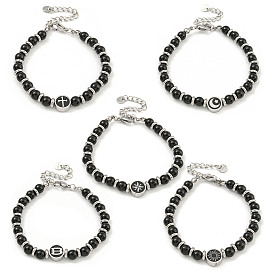 Cross/Sun/Letter B/Star/Moon 304 Stainless Steel & Glass Round Beaded Bracelets for Women, Black