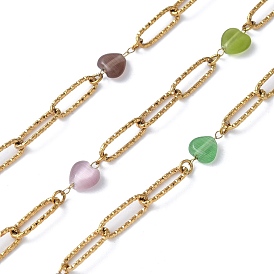 304 цепи из нержавеющей стали ссылка, с бусинами "кошачий глаз", пайки, с катушкой, ионное покрытие (ip), реальный 18 k позолоченный, овальные с сердцем