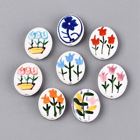 Hand Painted Tulip Flower Oval Porcelain Beads, Floral Ceramic Beads