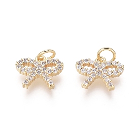 Brass Charms, with Clear Cubic Zirconia and Jump Rings, Bowknot