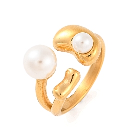 Ion Plating(IP) 304 Stainless Steel Open Cuff Finger Rings for Women, with Round Plastic Imitation Pearl