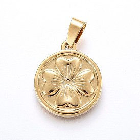 304 Stainless Steel Pendants, Flat Round with Flower