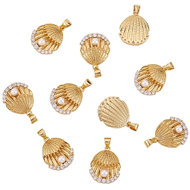 Eco-Friendly Brass Clear Cubic Zirconia Pendants, Long-Lasting Plated, with Acrylic Pearl Beads, Shell Shapes