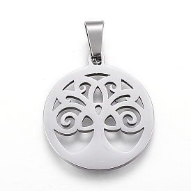 Pendentifs en acier inoxydable, plat et circulaire avec arbre de vie