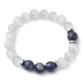 10mm Round Natural Lapis Lazuli & Cat Eye Stretch Beaded Bracelets for Women