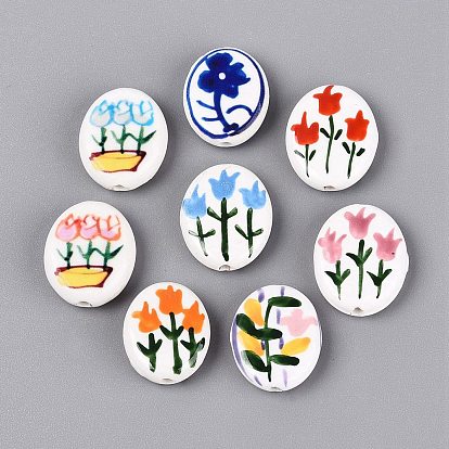 Hand Painted Tulip Flower Oval Porcelain Beads, Floral Ceramic Beads
