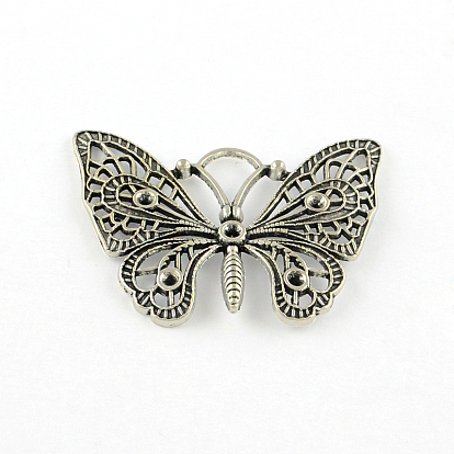 Butterfly Tibetan Style Alloy Pendant Rhinestone Settings, Cadmium Free & Lead Free, Fit for 2mm rhinestone, 37x48x3mm, Hole: 7mm, about 150pcs/1000g