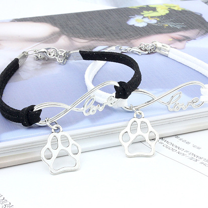 Браслеты с подвесками в виде бесконечности, отпечатка лапы и слова «любовь» из сплава с замшевым шнуром, платина