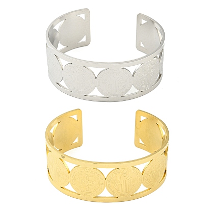 304 широкие полые браслеты из нержавеющей стали с медалью Святого Бенедикта и открытыми манжетами