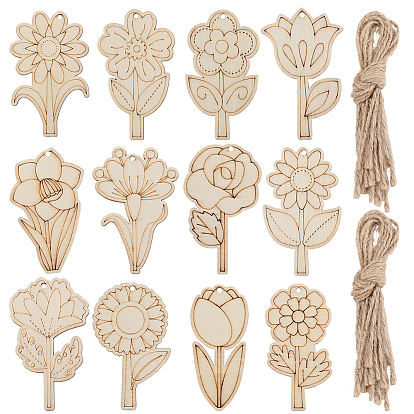 1Набор необработанных деревянных заготовок для подвесок в виде цветов, предназначенных для живописи., пирография, домашнего декора, с джутовым шнуром