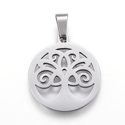 Pendentifs en acier inoxydable, plat et circulaire avec arbre de vie