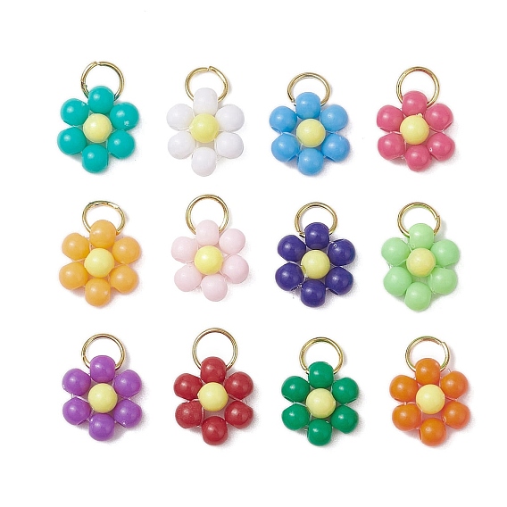 12 шт. Непрозрачные подвески из акрила, цветок, с открытыми пружинными кольцами из нержавеющей стали 304