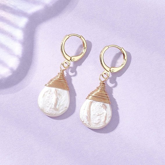 Серьги-подвески из латуни в форме капли, с натуральным барочным жемчугом кеши