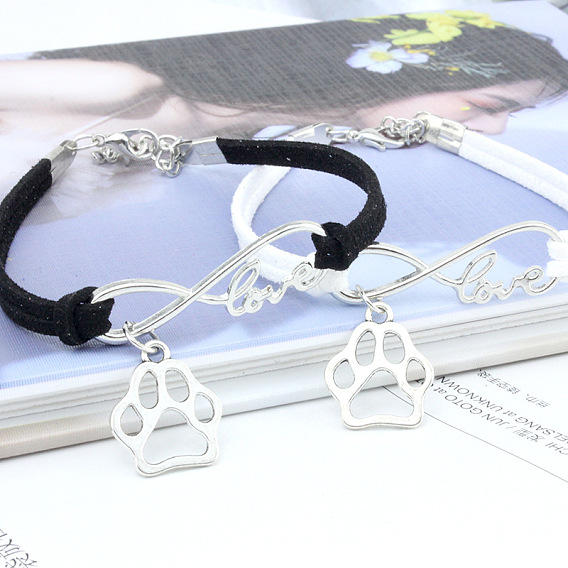 Браслеты с подвесками в виде бесконечности, отпечатка лапы и слова «любовь» из сплава с замшевым шнуром, платина