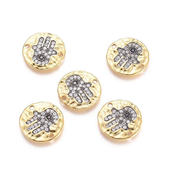 Maillons en laiton micro-pavés de zircone cubique, plat rond et hamsa main / main de fatima / main de miriam, clair, sans cadmium et sans plomb