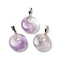 Подвески из натурального аметиста , с латунными поручнями с платиновым покрытием, плоские круглые прелести