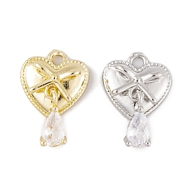 Brass Micro Pave Clear Cubic Zirconia Charms, Long-Lasting Plated, Heart with Teardrop