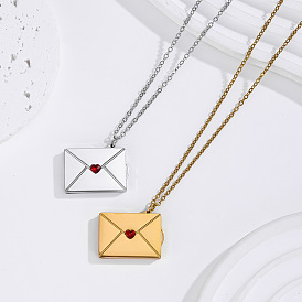 304 Stainless Steel Pave Cubic Zirconia Red Heart Envelope Pendant Necklaces for Women