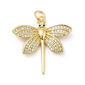 Brass Micro Pave Cubic Zirconia Pendants, with Jump Ring, Long-Lasting Plated, Real 18K Gold Plated, Dragonfly