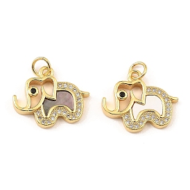 Brass Cubic Zirconia with Shell Pendants, Long-Lasting Plated, Lead Free & Cadmium Free, Elephant
