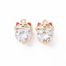 Brass Micro Pave Cubic Zirconia Charms, with Enamel, Nickel Free, Real 18K Gold Plated, Beckoning Cat/Maneki Neko
