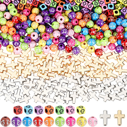 800шт акриловые бусины, куб и круг с крестом, с 100шт. бусинами ccb, крестик