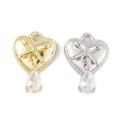 Brass Micro Pave Clear Cubic Zirconia Charms, Cadmium Free & Nickel Free & Lead Free, Long-Lasting Plated, Heart with Teardrop