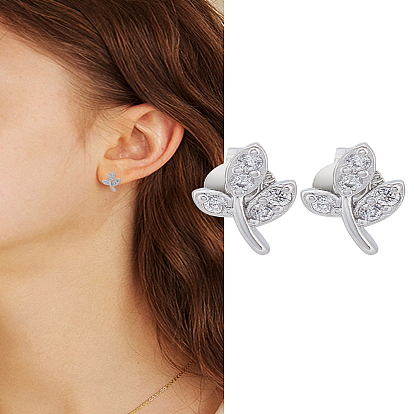 1 Pair Brass Rhinestone Stud Earrings, Leaf