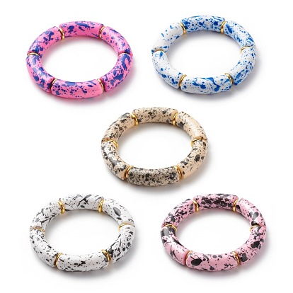 Acrylic Curved Tube Beaded Stretch Bracelet, Chunky Bamboo Friendship Braceelet for Women