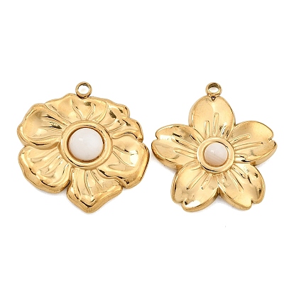 Natural White Agate Pendants, 304 Stainless Steel Flower Bezeled Charms