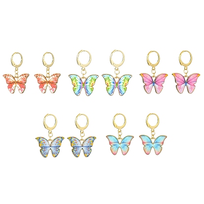 Light Gold Tone Alloy Enamel Dangle Leverback Earrings, Butterfly