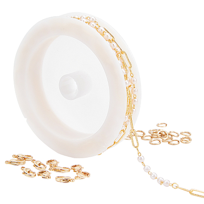 2m Handmade Brass Link Chains, Imitation Pearl Glass Beads, with 20Pcs Brass Jump Rings and 10Pcs Brass Lobster Claw Clasps, for DIY Necklaces Making Kits