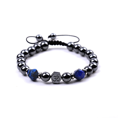 Synthetic Hematite & Natural Mixed Gemstone Braided Bead Bracelets, Yoga Theme Stainless Steel Adjustable Bracelet