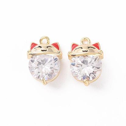 Brass Micro Pave Cubic Zirconia Charms, with Enamel, Nickel Free, Real 18K Gold Plated, Beckoning Cat/Maneki Neko