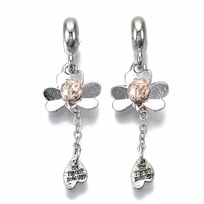Alloy European Dangle Charms, Large Hole Pendants, Insect with Clover