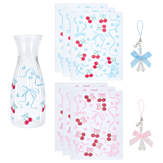 2 шт. 2 цветные ремешки для мобильных телефонов из полиэстера с бантом, сплава и акрила, 6 листы 2 цветные наклейки с изображением вишневого питомца из пластика