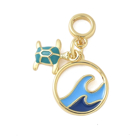 Латунные эмалированные европейские подвески с подвесками, черепаха плоская круглая с волной большое отверстие подвески, реальный 18 k позолоченный, без свинца и без кадмия, долговечный, стойки покрытие