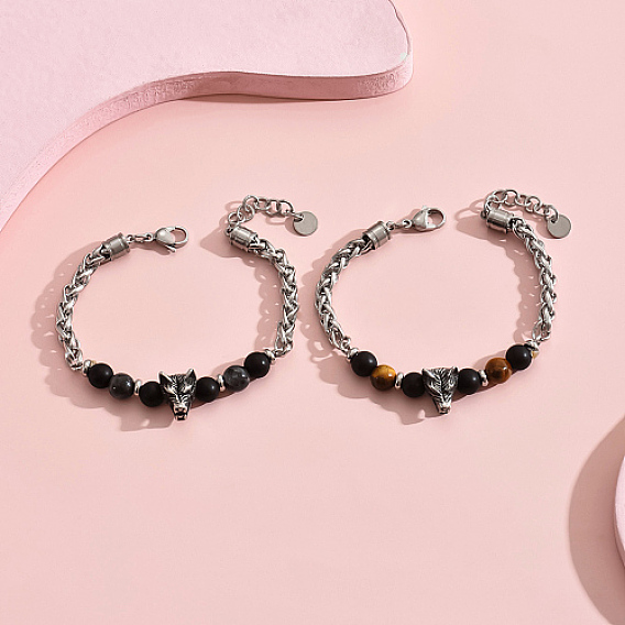 2Pcs 2 Style Natural Obsidian Beaded Bracelets Set, Wolf Stainless Steel Stackable Bracelets
