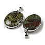 Natural Dragon Blood Jasper Pendants, Oval Charms with Platinum Plated Brass Edge and Iron Snap on Bails