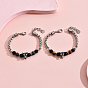 2Pcs 2 Style Natural Obsidian Beaded Bracelets Set, Wolf Stainless Steel Stackable Bracelets