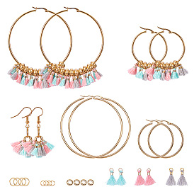 DIY Jewelry, Bracelet Making, with 304 Stainless Steel Hoop Earring, Brass Earring Hook, Cotton Tassel Pendant and Metal Beads