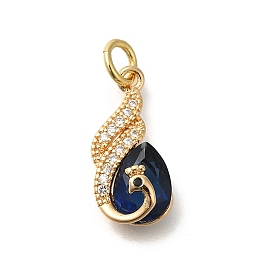 Brass Cubic Zirconia with Glass Pendants, Peacock Charms, with Jump Ring