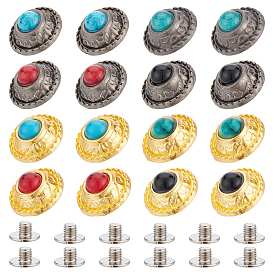 Nbeads 32 Sets 8 Colors Alloy Buttons, with Synthetic Turquoise and Screws, DIY Accessaries, Flat Round with Flower