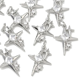 SHEGRACE Brass Pave Clear Cubic Zirconia Pendants, Star Charms, Cadmium Free & Lead Free & Nickel Free