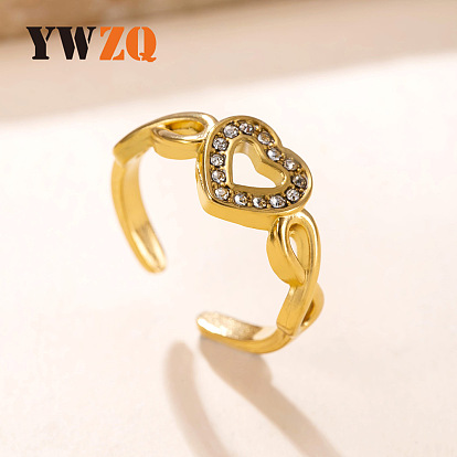 304 Anillos abiertos de puño de acero inoxidable, corazón, con diamante de imitación