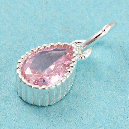 925 Sterling Silver Charms, with Cubic Zirconia, Faceted Teardrop, Silver