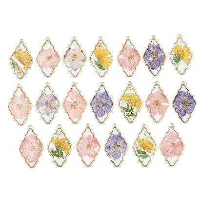 Alloy Resin Pendants, Rhombus Charms, with Dried Flower