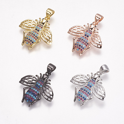 Brass Micro Pave Cubic Zirconia Pendants, Cadmium Free & Lead Free, Bees