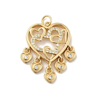 Rack Plating Brass Micro Pave Clear Cubic Zirconia Pendants, Long-Lasting Plated, Lead Free & Cadmium Free, Heart