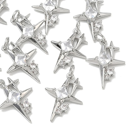 SHEGRACE Brass Pave Clear Cubic Zirconia Pendants, Star Charms, Cadmium Free & Lead Free & Nickel Free